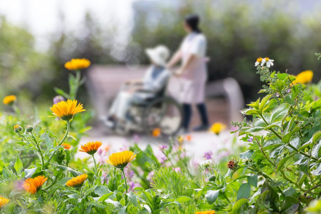 A caregiver pushing an elderly resident in a wheelchair past vibrant garden flowers at St Catherine’s